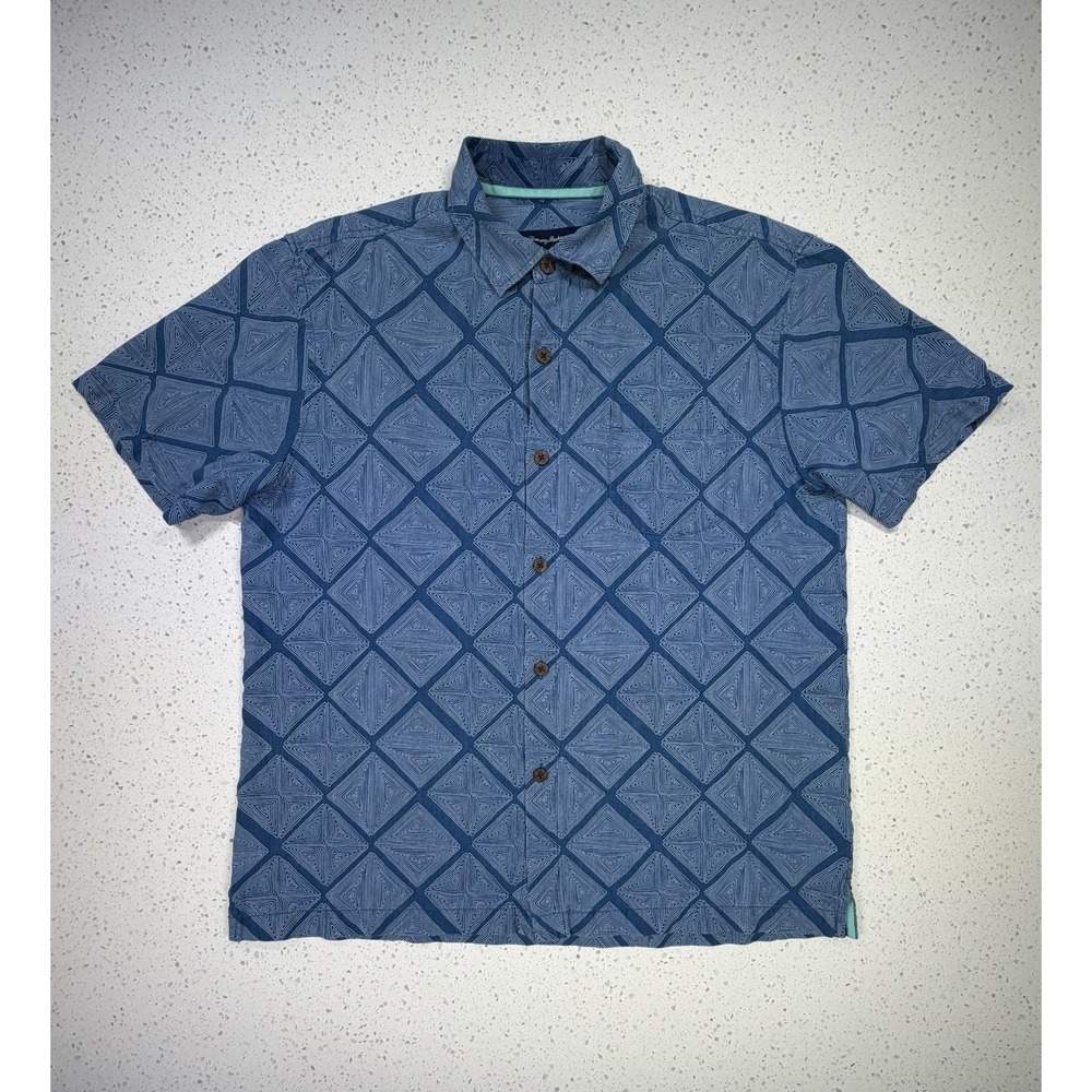 Tommy Bahama Men's Blue Geometric Button-Up Shirt Short Sleeve Size L 100% Silk